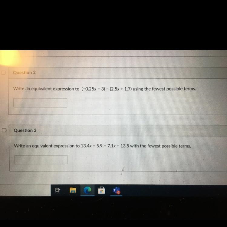 Question 3 Write an equivalent expression to 13.4x - 5.9 - 7.1x + 13.5 with the fewest-example-1