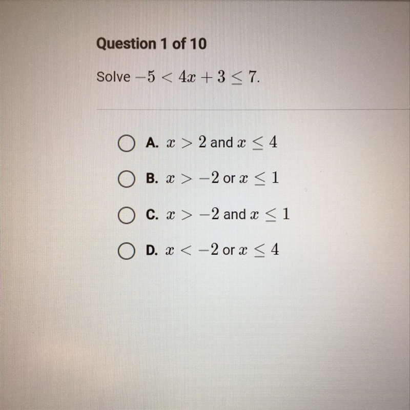 Solve -5< 4x +3 < 7. The second “<“ has a line under it. Please help! This-example-1