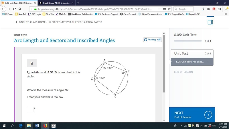 Quadrilateral ABCD​ is inscribed in this circle. What is the measure of angle C? Please-example-1