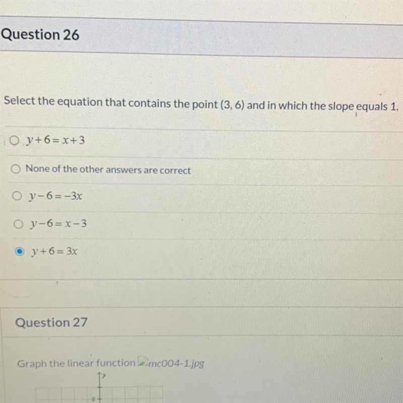 Select the equation that contains the point (3,6) and in which the slope equals 1-example-1