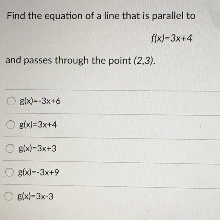 Find the equation of a line that is parallel to f(x)=3x+4 and passes through the point-example-1