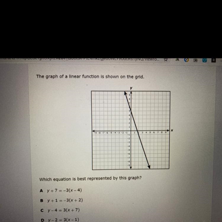 The graph of a linear function is shown on the grid. Which equation is best represented-example-1