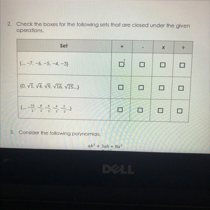 HELP!! Check the following sets that are closed under the given operations!!!!-example-1