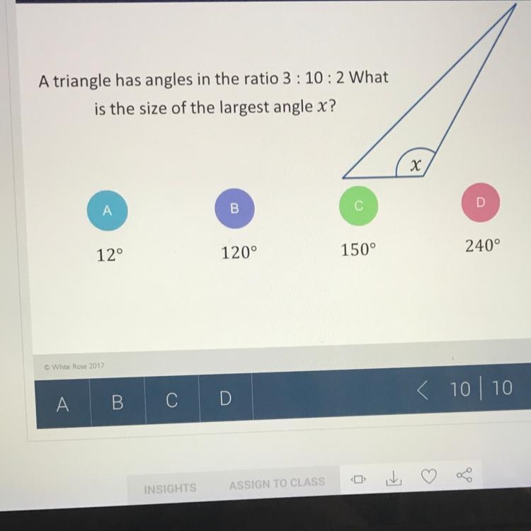 A triangle has angles in the ratio 3:10:2 what is the size of the largest angle x-example-1