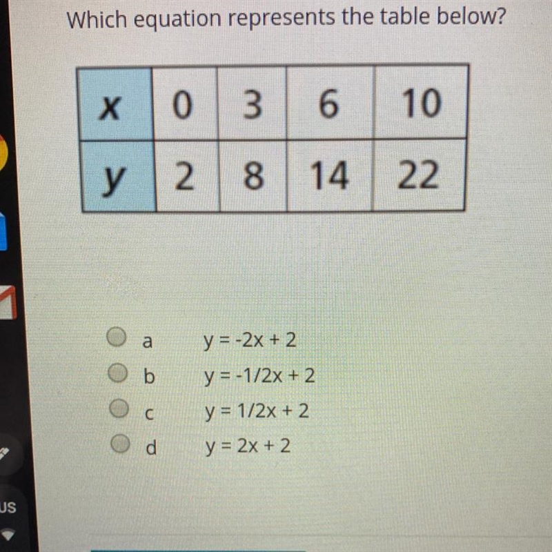 Which equation represents the table below A y=-2x+2 B y=-1/2x+2 C y=1/2x+2 D y=2x-example-1