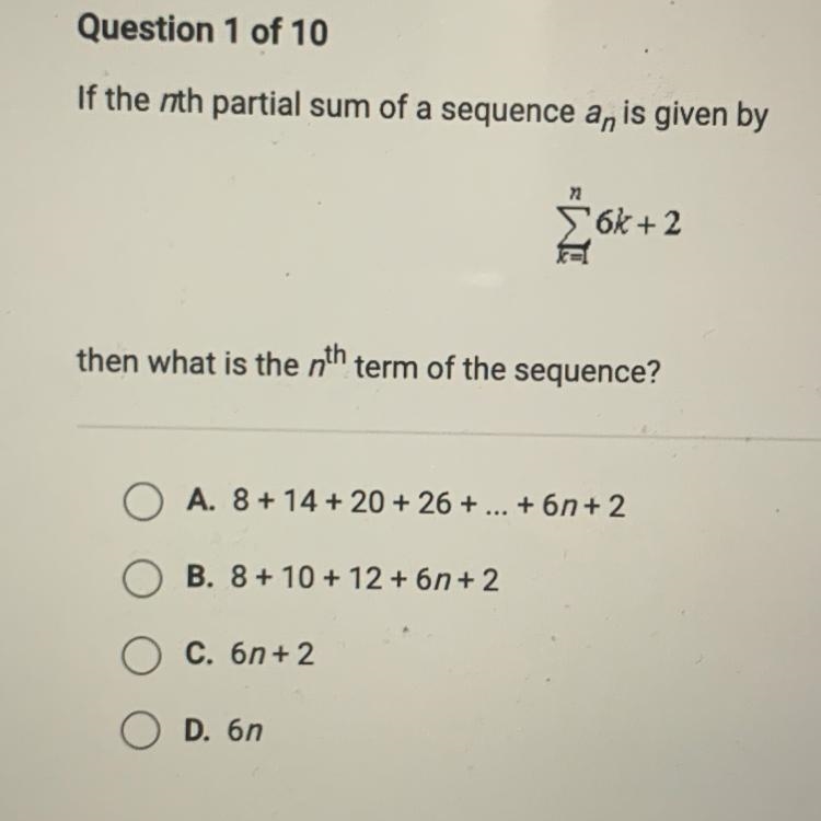 If the nth partial sum of a sequence a_n is given by See image above Then what is-example-1