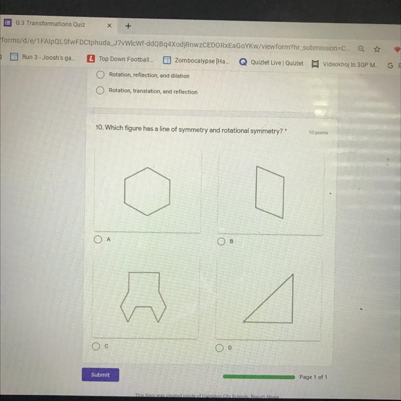 Which figure has a line of symmetry and rotational symmetry-example-1