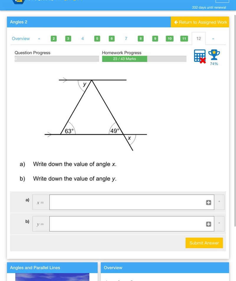 Write down the value of angle x. Write the value of angle y.-example-1