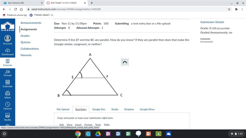 Determine if line EF and line BC are parallel. How do you know? If they are parallel-example-1