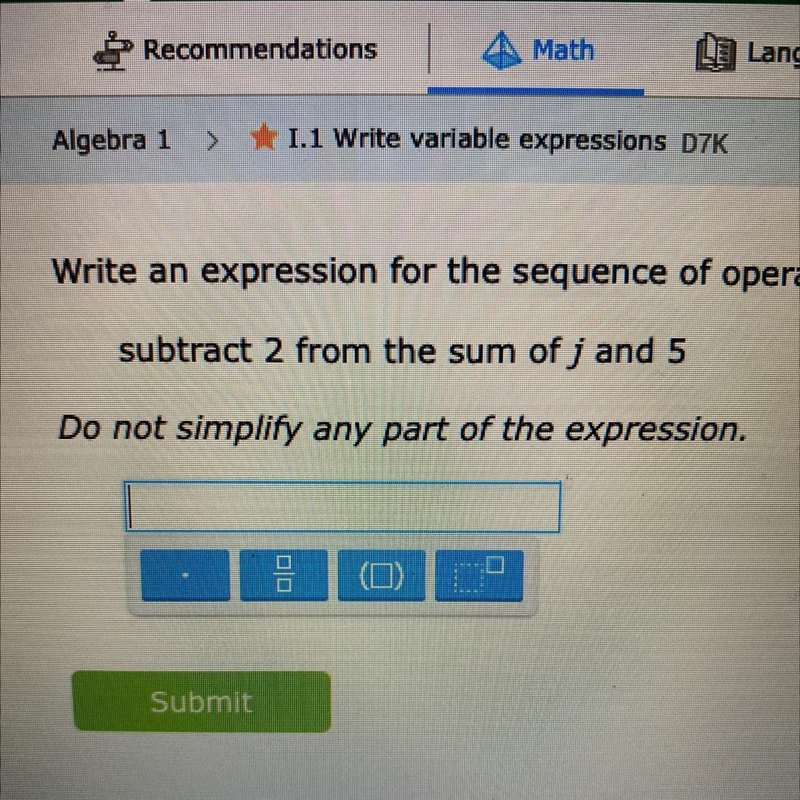 PLEASE HELP! subtract 2 from the sum of j and 5-example-1