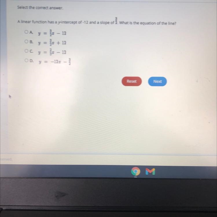 Select the correct answer. A linear function has a y-intercept of -12 and a slope-example-1