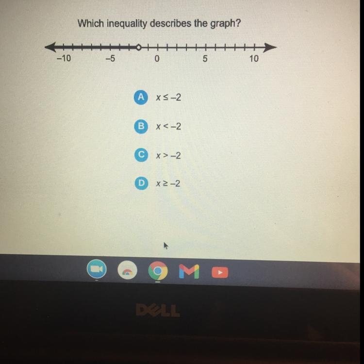 Which inequality describes the graph? -10 -5 0 5 10 А XS-2 B x x<-2 x>-2 x-2-example-1