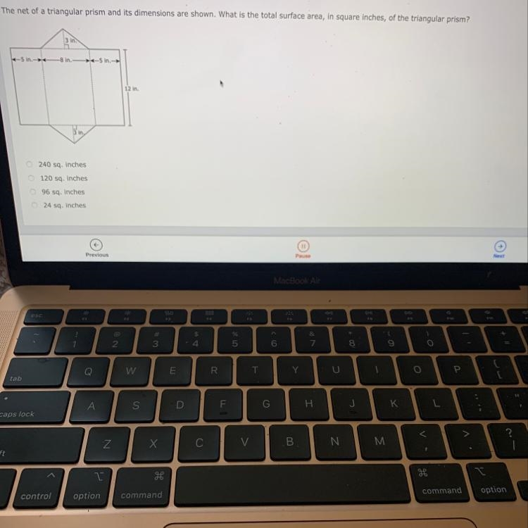 Help pls :/. The net of a triangular prism and its dimensions are shown. What is the-example-1