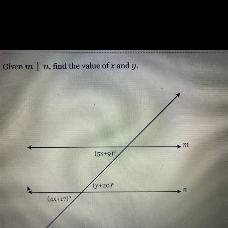 Please please helpppp ( ˘ ³˘)♥︎ Given m 11 n, find the value of x and y. m (5x+9) (y-example-1