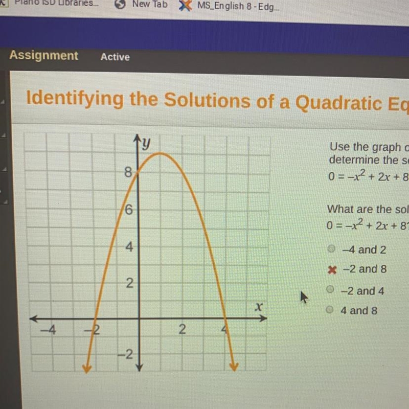 Use the graph of the function y = -x2 + 2x + 8 to determine the solutions of the quadratic-example-1