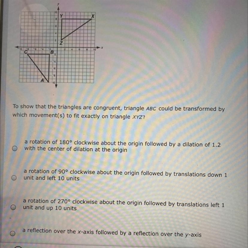 To show that the triangles are congruent, triangle ABC could be transformed by which-example-1