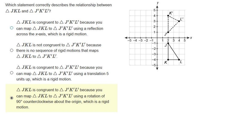 Which statement correctly describes the relationship between △JKL and △J′K′L′? △JKL-example-1