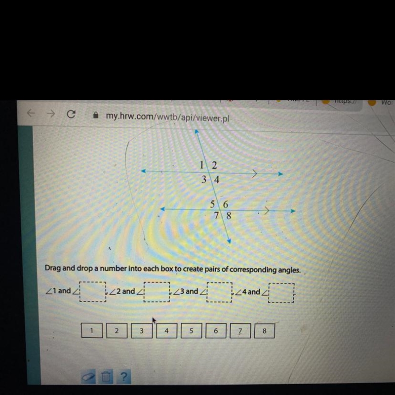 Drag a drop a number into each box to create pairs of corresponding angles-example-1