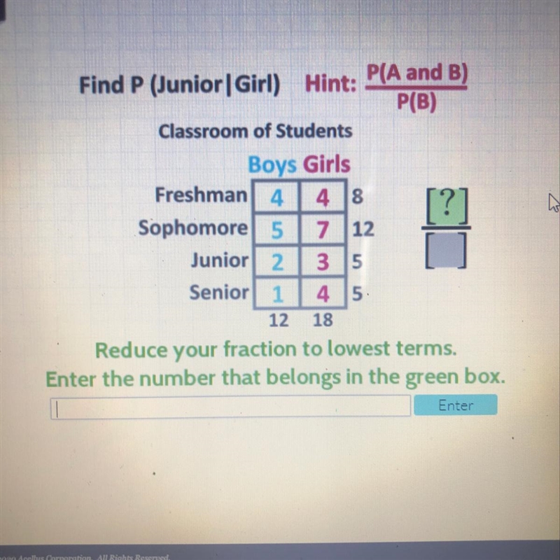 Find P (Junior|Girl) Hint: P(A and B) P(B) Classroom of Students Boys Girls Freshman-example-1