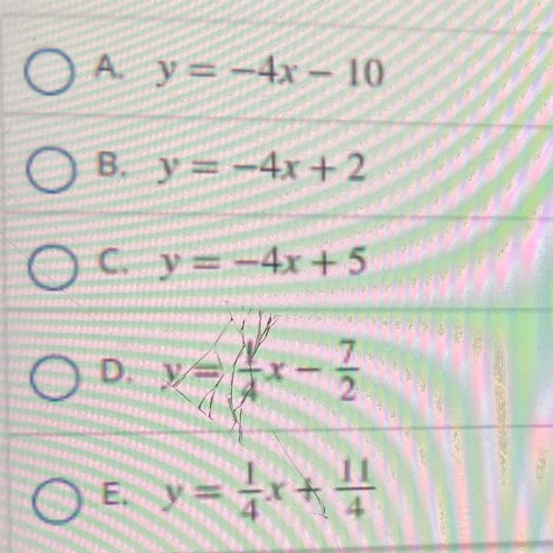 Which equation represents a line that is parallel to Y equals negative 4X +3 and passes-example-1