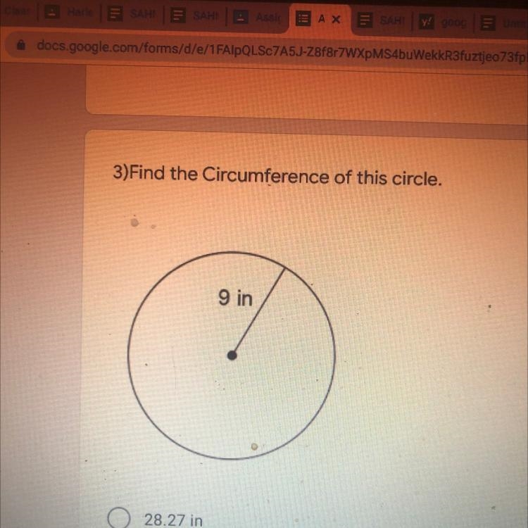 3)Find the Circumference of this circle. 9 in-example-1