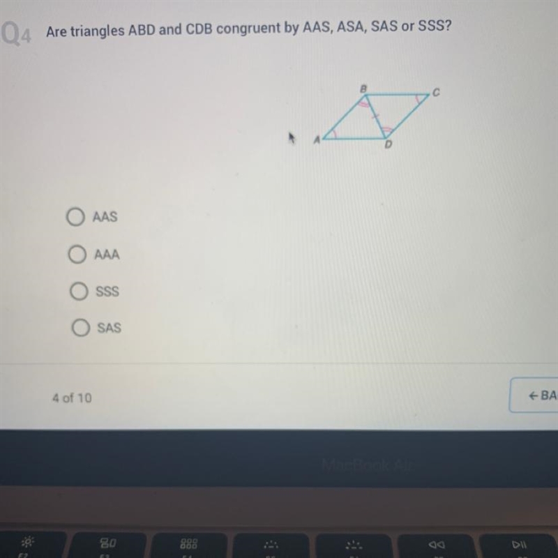 Are triangles ABD and CDB congruent by AAS, ASA, SAS or SSS?-example-1