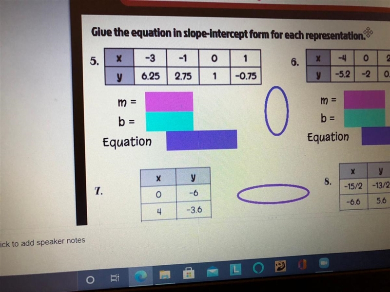 Give the equation in slope intercept form for each representation. Tell me if you-example-1