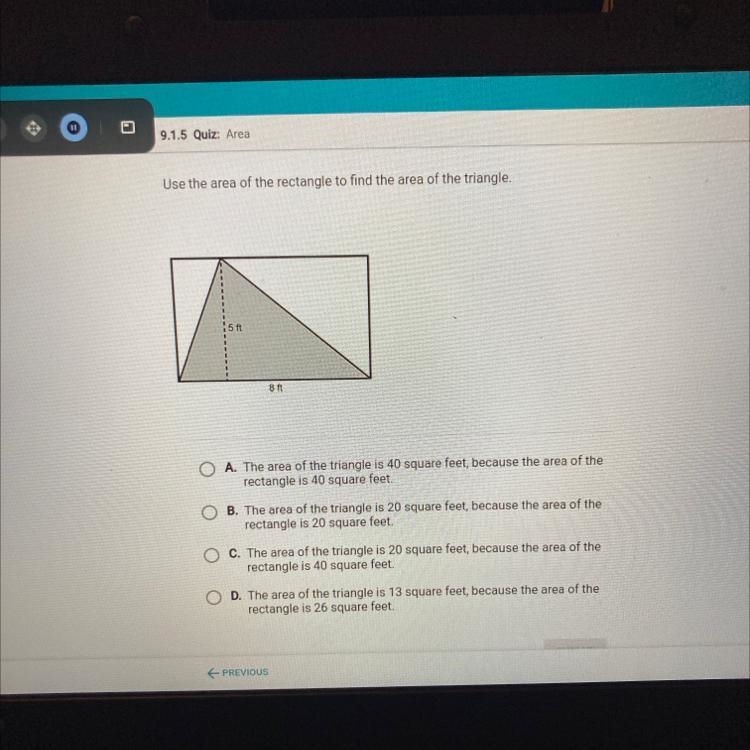 Use the area of the rectangle to find the area of the triangle. 15 ft 8 ft please-example-1