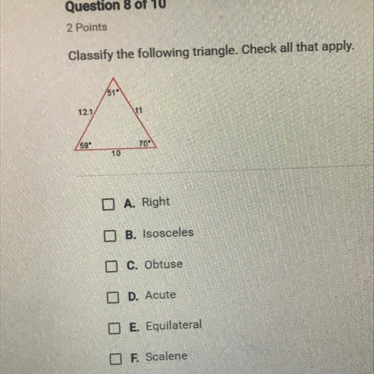 Classify the following triangle. Check all that apply.-example-1