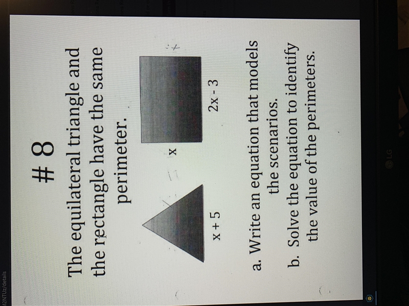 The equilateral triangle and the rectangle have the same perimeter.-example-1