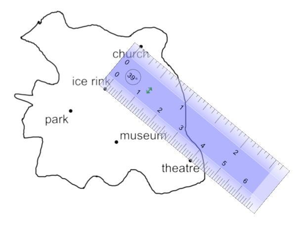 Here is a map of a town. It has a scale of 2 cm to 7 km. A centimetre ruler is shown-example-1