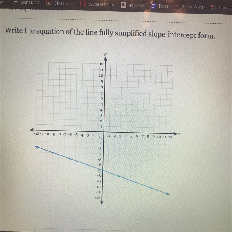 Write the equation of the line fully simplified slope-intercept form.-example-1