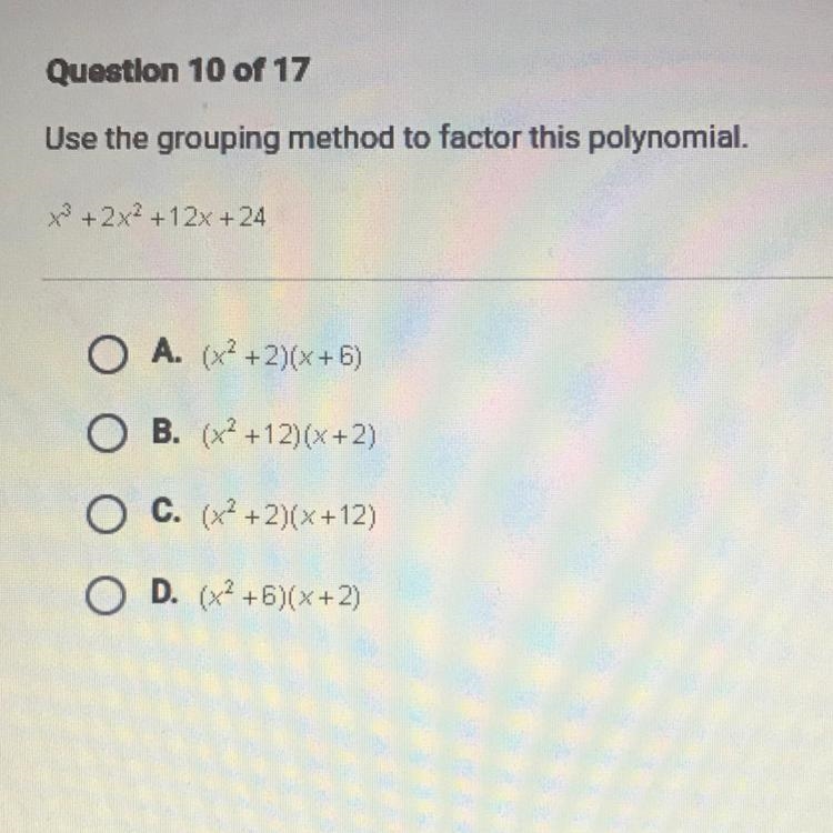 Use the grouping method to factor this polynomial. x2 + 2x2 +12x + 24 M-example-1