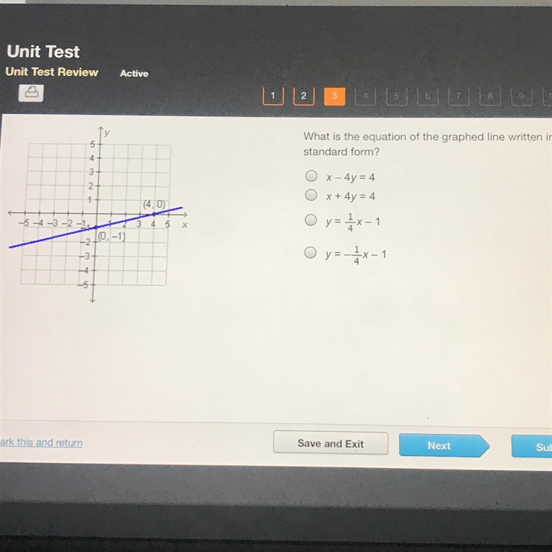 What is the equation of the graphed line written in standard form? Ox-4y = 4 Ox+4y-example-1