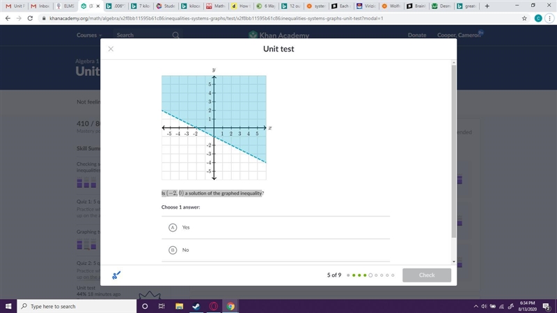 Is (-2,0) a solution of the graphed inequality-example-1