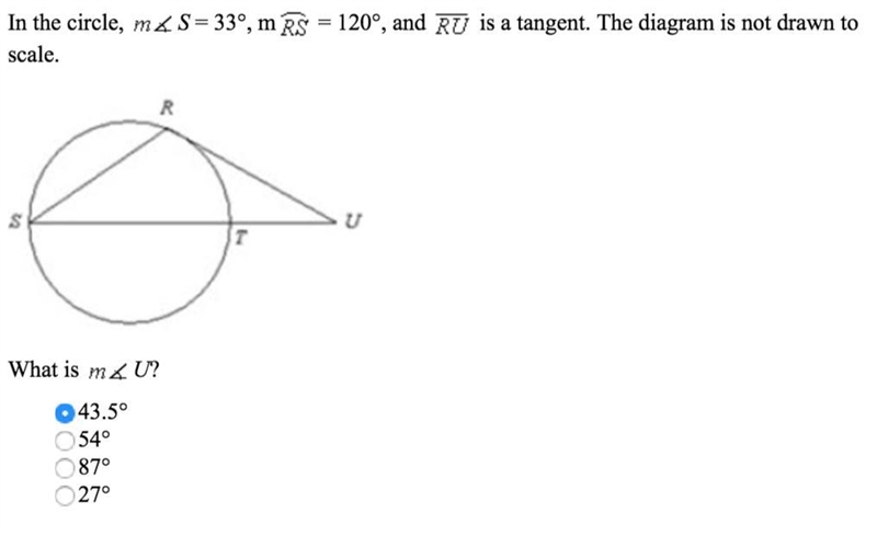 in the circle, m∠S=33°, mRS=120, and RU is a tangent. the diagram is not drawn to-example-1