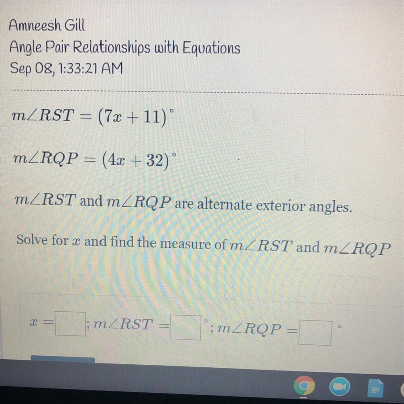 MZRST = (7x + 11) 0 mZRQP = (4x + 32) mZRST and mZRQP are alternate exterior angles-example-1