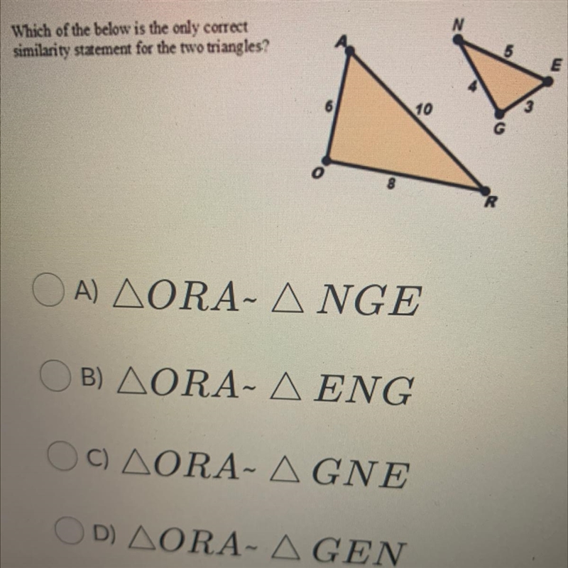 Which of the below is the only correct similarity statement for the two triangles-example-1