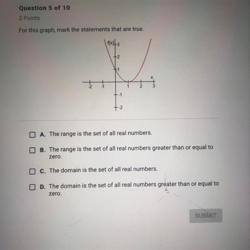 2 Points For this graph, mark the statements that are true. A. The Range is set of-example-1