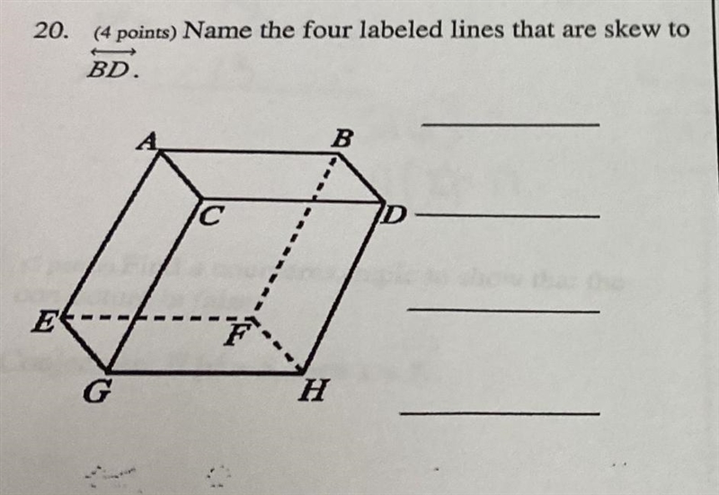 Name the four labeled lines that are Skew to BD pls help I’m very bad at this lol-example-1