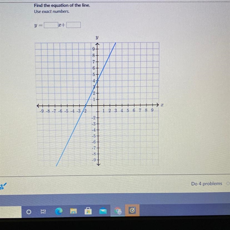 Find the equation of the line. Use exact numbers. y=___x+____-example-1