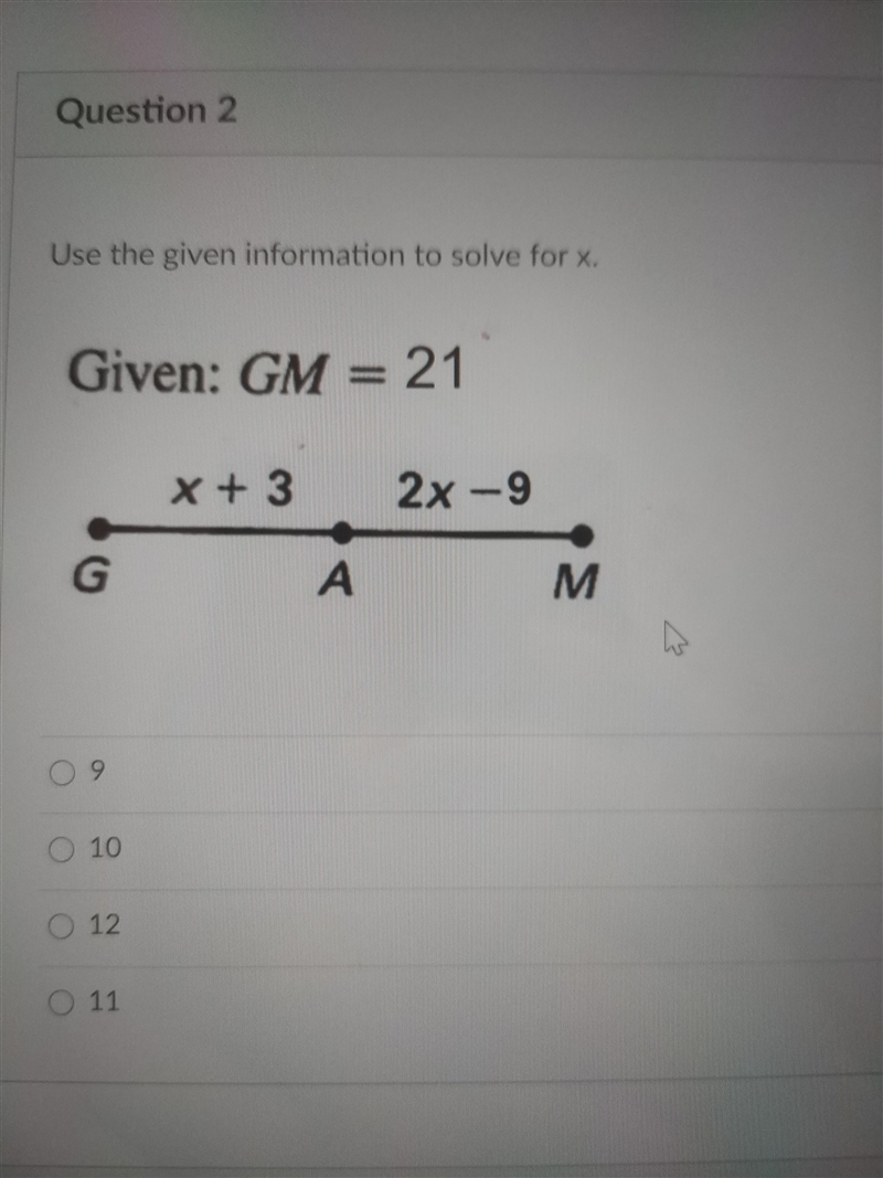 Use the given information to solve for x. x+3 2x-9 What is x?-example-1