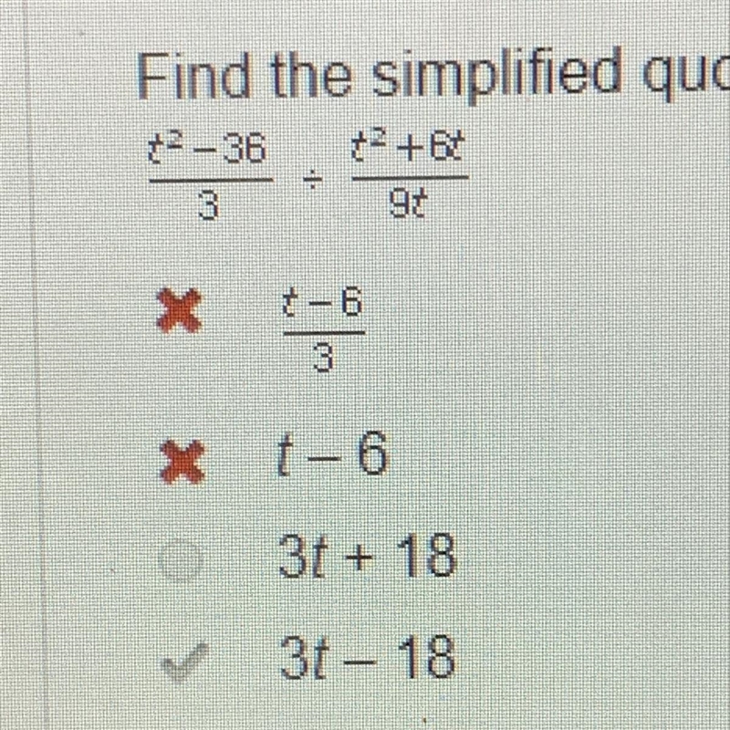 What is t squared minus 36 over 3 divided by t squared plus 6t over 9t-example-1