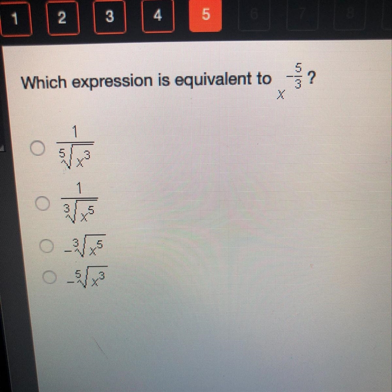 Huuureyyyyy pllzzzzz Which expression is equivalent to x^-5/3?-example-1