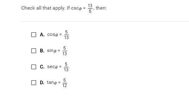 Check all that apply. If csc0=13/5, then:-example-1