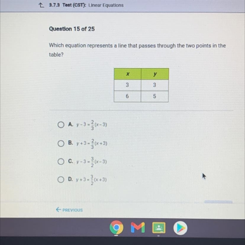 Which equation represents a line that passes through the 2 points in the table-example-1