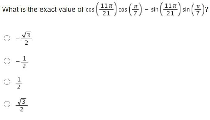 What is the exact value of Cosine (StartFraction 11 pi Over 21 EndFraction) cosine-example-1