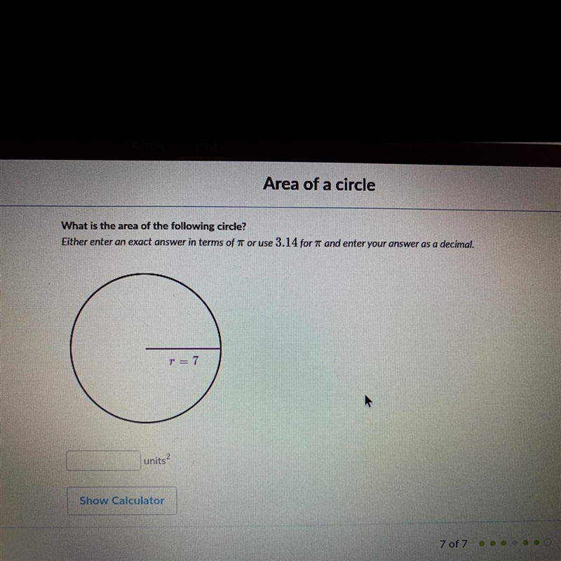 What is the area of the following circle?-example-1