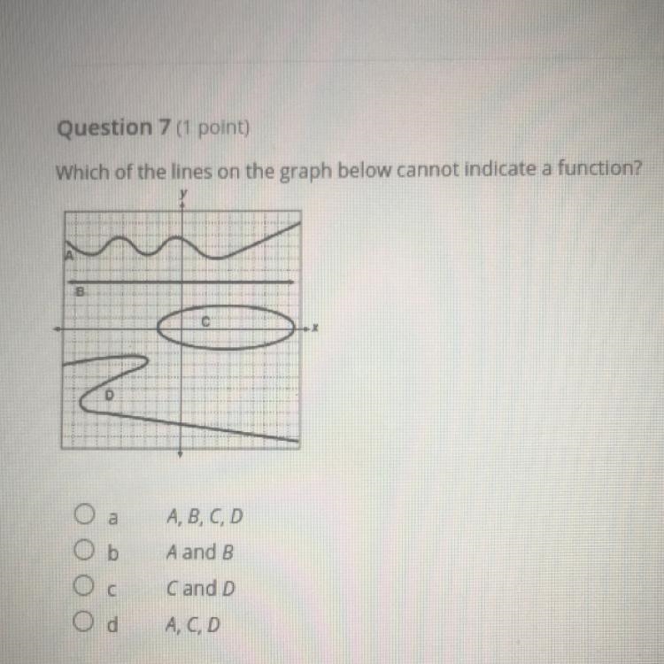 Which of the lines on the graph below cannot indicate a function-example-1