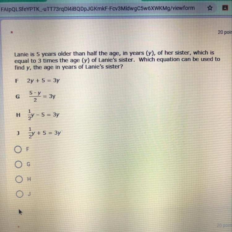 Which equation can be used to find y, the age in years of lanie’s sister-example-1